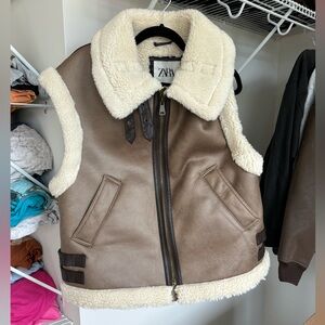ZARA NEW COMBINATION FLEECE VEST DOUBLE FACED FAUX SHEARLING TAUPE BROWN - L